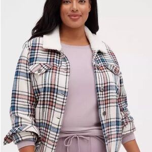Torrid Plaid Sherpa-Trim Jacket - White/Pink/Blue - Size 2
